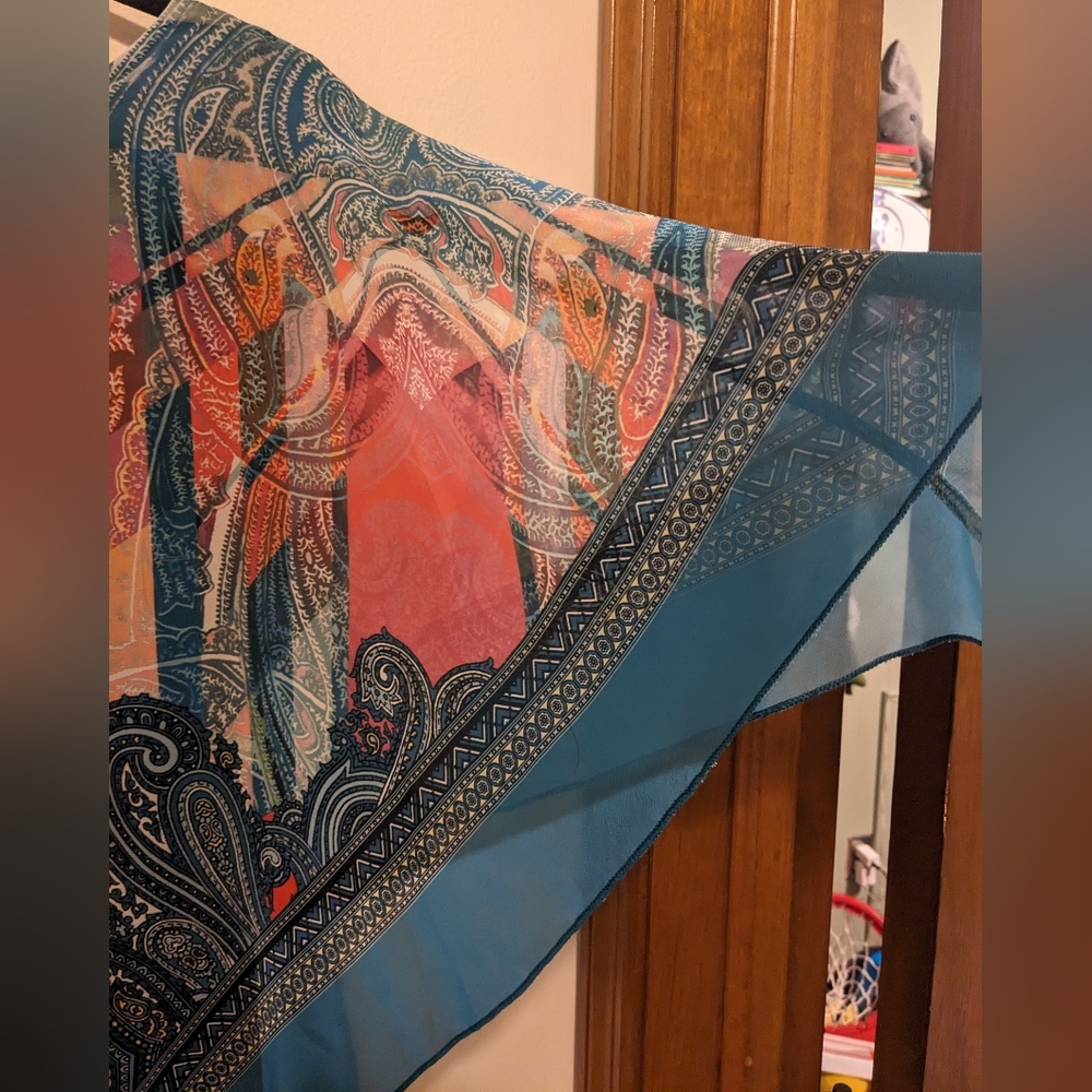 B.L.E.U. Teal Chiffon Scarf Handkerchief Overlay Paisley Print Tank Top sz L - Picture 4 of 11